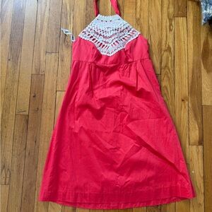 Lilly Pulitzer Coral Halter Dress with White Crochet Yoke